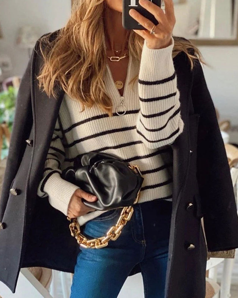 Striped Pattern Quarter Zipper Drop Shoulder Sweater Pullover