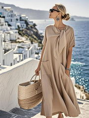 Women'S Solid Color Loose Cotton And Linen Pocket Dress