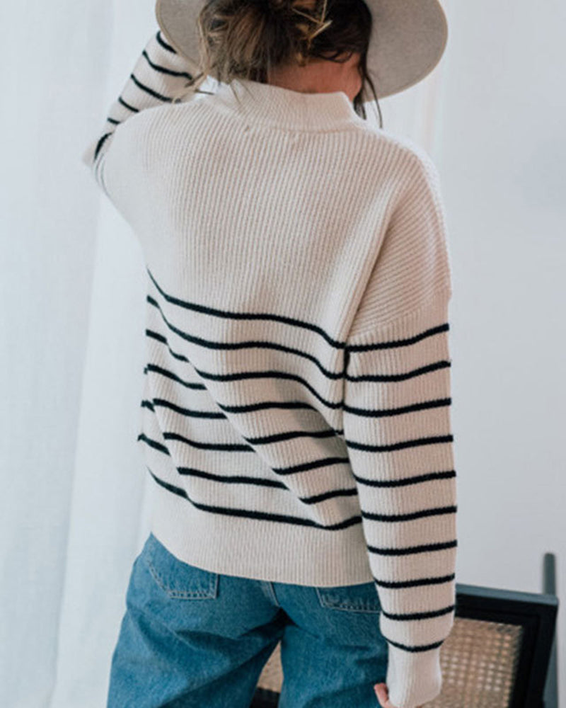 Striped Pattern Quarter Zipper Drop Shoulder Sweater Pullover