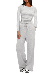 Two-piece Set Women's Solid Ruched Tee & Drawstring Pocket Pants Lounge Set
