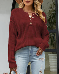 Waffle Knit Long Sleeve Side Slit Button Pullover Jumper Sweater
