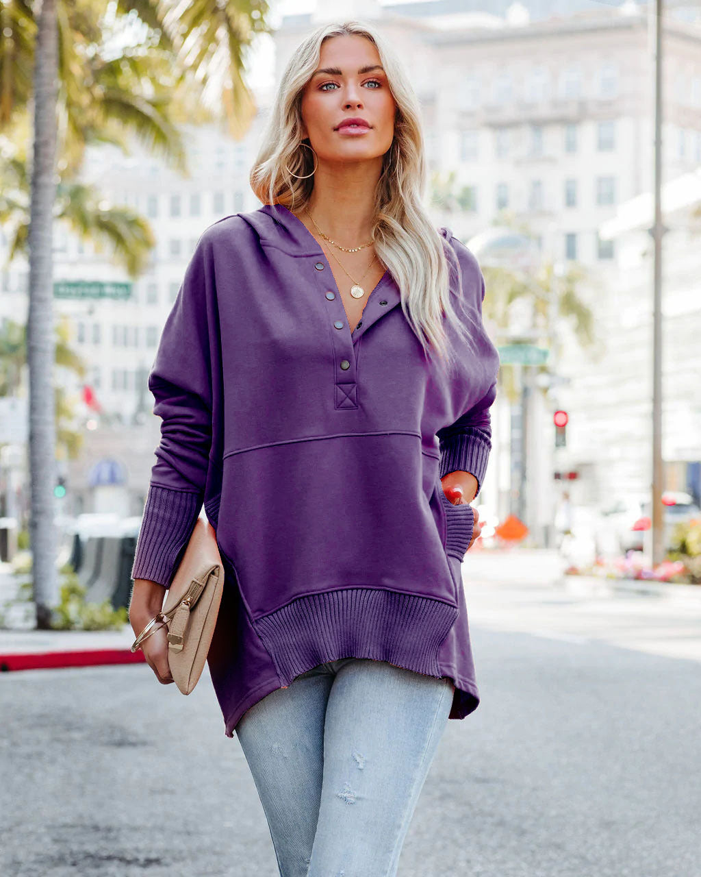 Oversized Pullover Sweatshirt with Pockets—Buy 2 Free Shipping