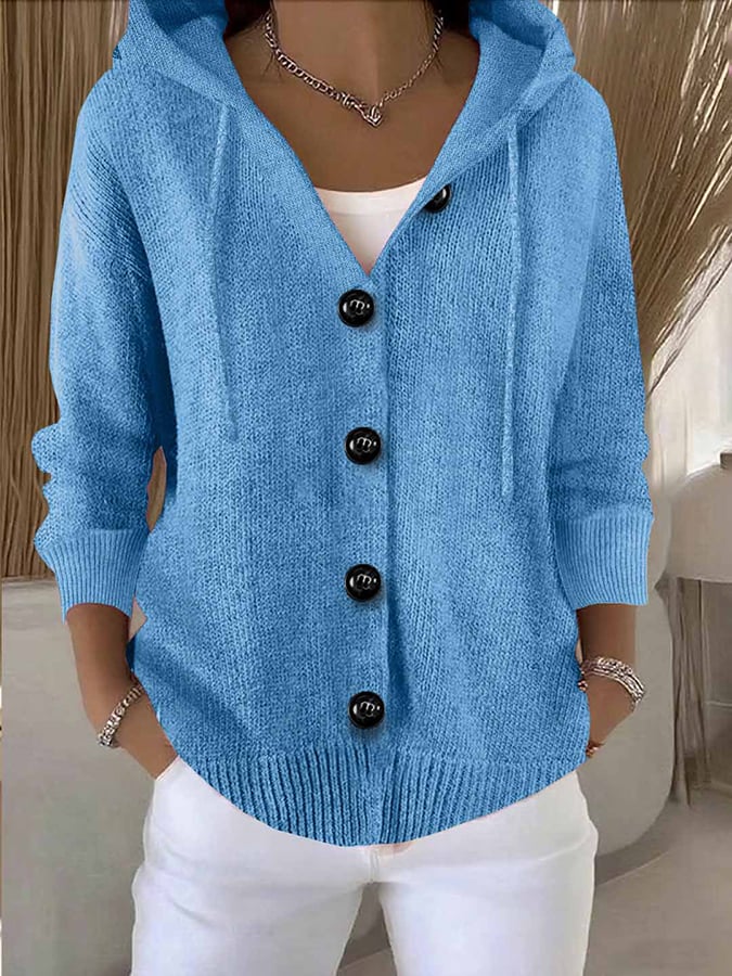 Women's Casual Hooded Long Sleeve Button Cardigan Sweater