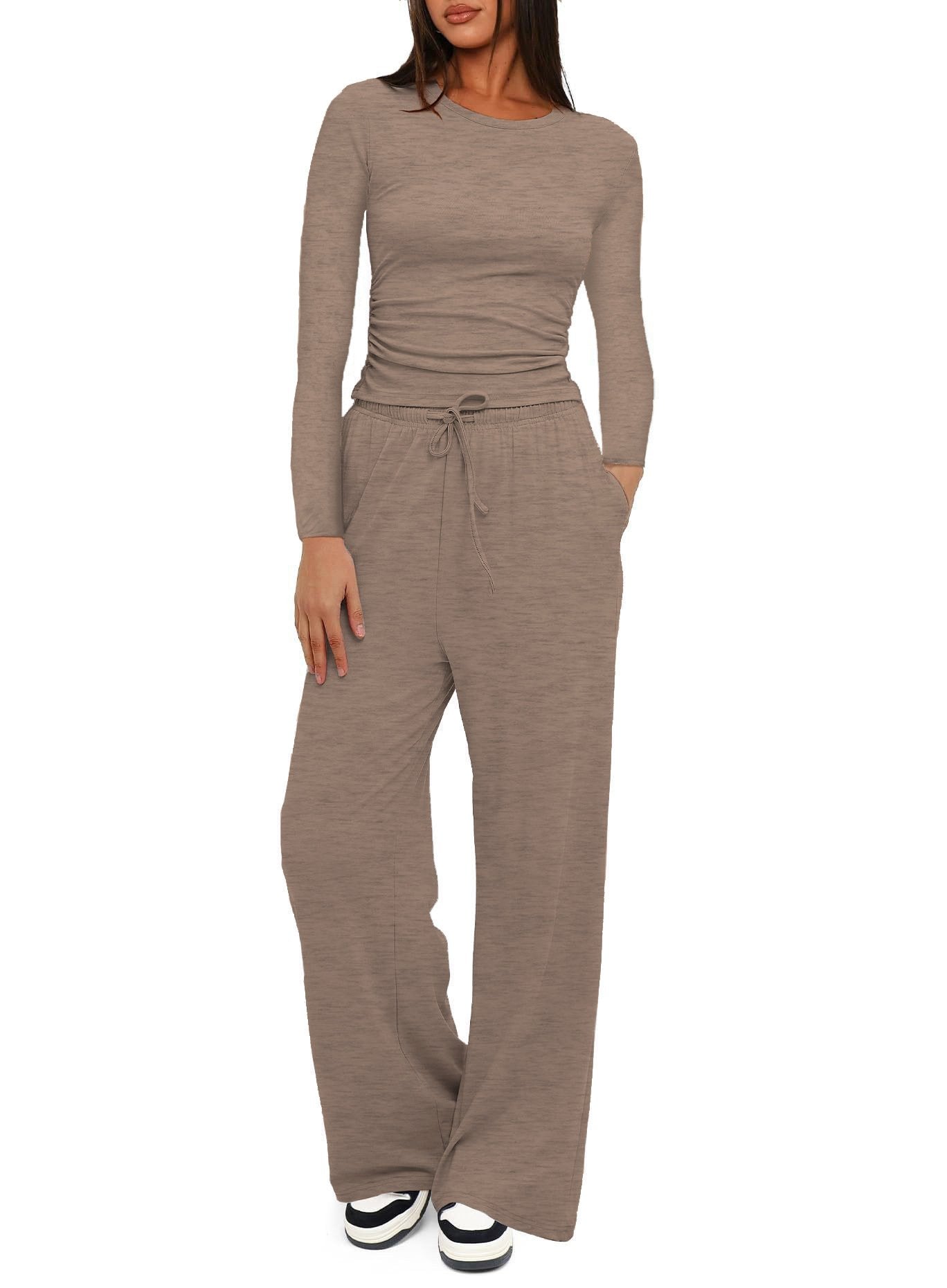 Two-piece Set Women's Solid Ruched Tee & Drawstring Pocket Pants Lounge Set
