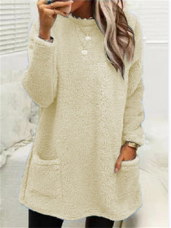 Women's Sweatshirt Pullover Sherpa Fleece Teddy Pocket Marron Blue Purple Solid Color Street Round Neck Long Sleeve Fleece S M L XL 2XL 3XL