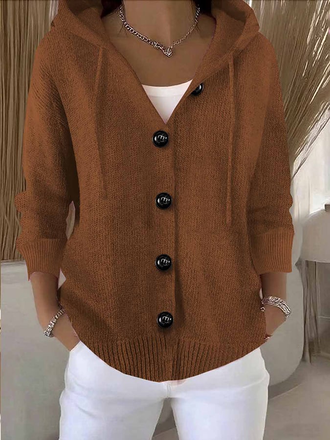 Women's Casual Hooded Long Sleeve Button Cardigan Sweater