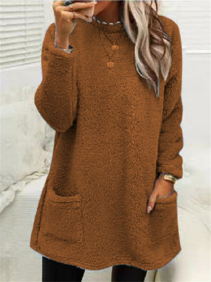 Women's Sweatshirt Pullover Sherpa Fleece Teddy Pocket Marron Blue Purple Solid Color Street Round Neck Long Sleeve Fleece S M L XL 2XL 3XL