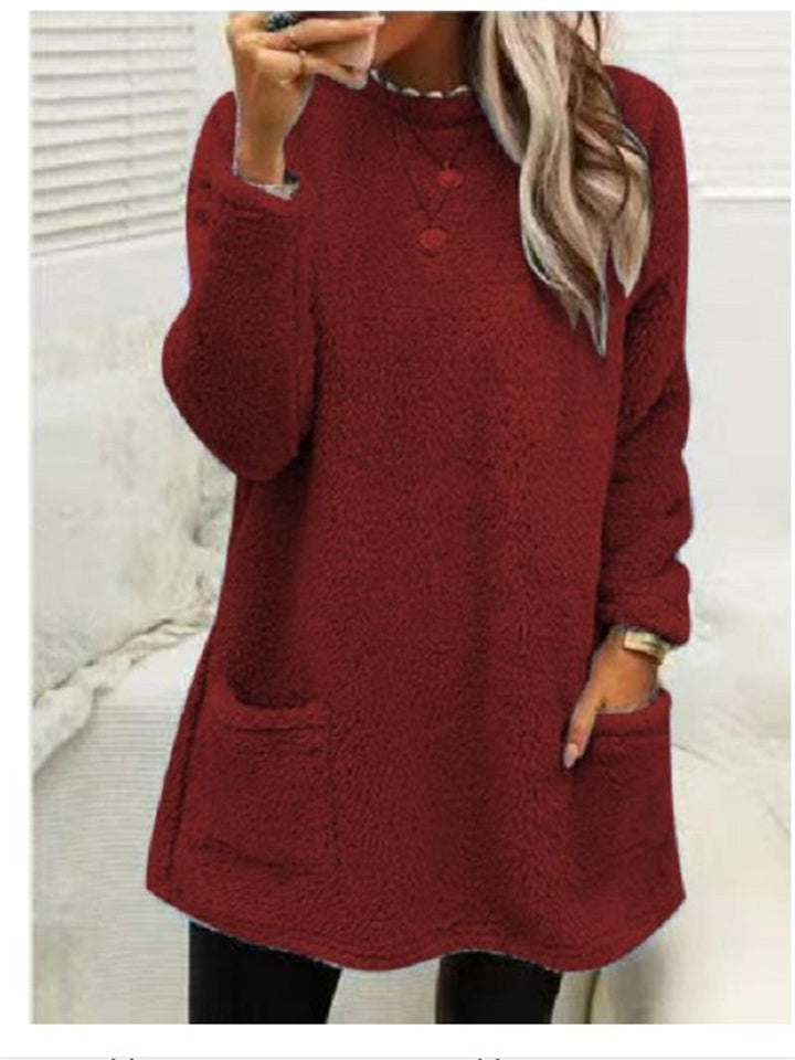 Women's Sweatshirt Pullover Sherpa Fleece Teddy Pocket Marron Blue Purple Solid Color Street Round Neck Long Sleeve Fleece S M L XL 2XL 3XL