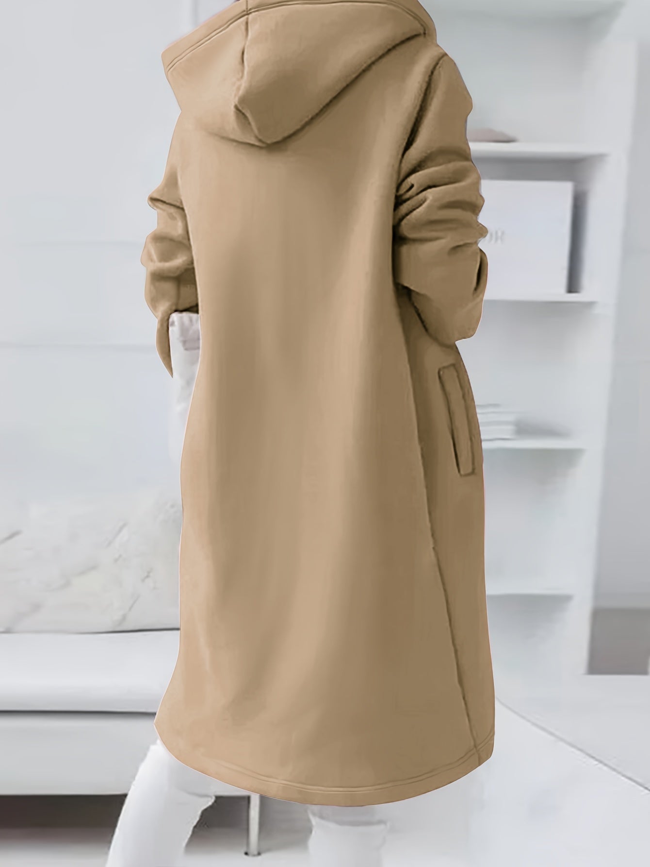 Solid Zipper Drawstring Midi Hooded Jacket