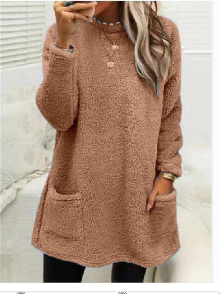 Women's Sweatshirt Pullover Sherpa Fleece Teddy Pocket Marron Blue Purple Solid Color Street Round Neck Long Sleeve Fleece S M L XL 2XL 3XL