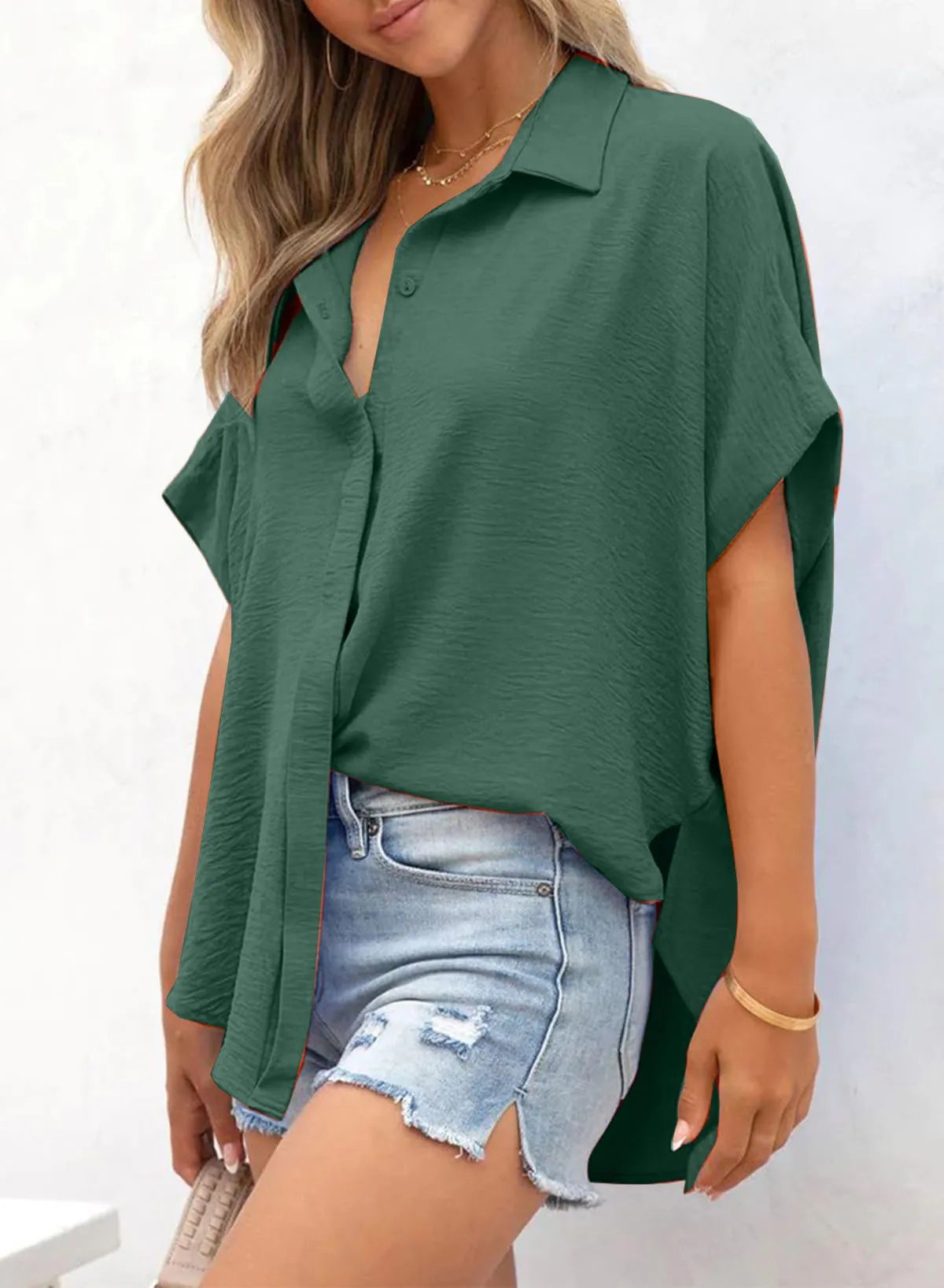 Women's Casual Button Short Sleeve Slit Hem Shirt Solid Color Tops