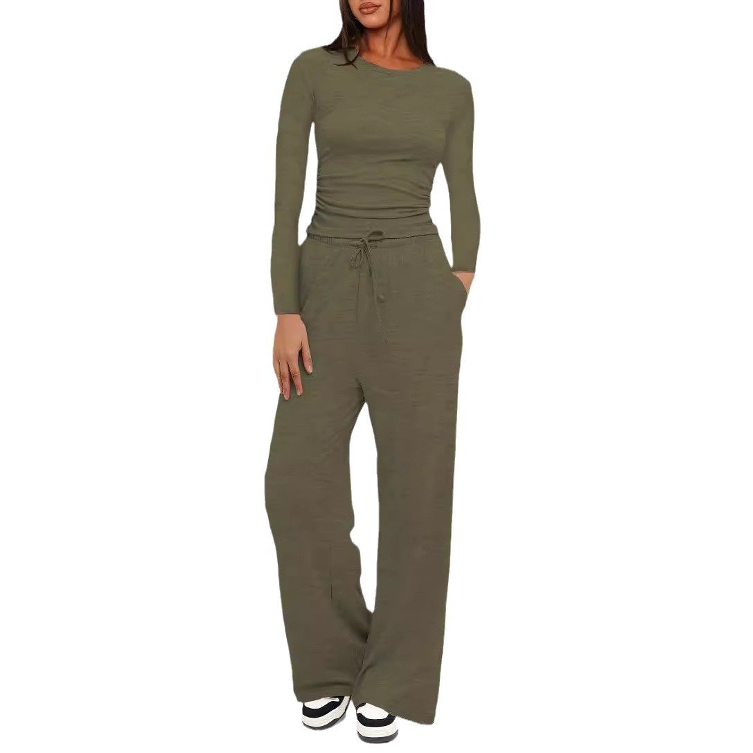 Two-piece Set Women's Solid Ruched Tee & Drawstring Pocket Pants Lounge Set