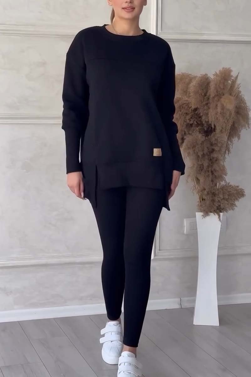 Solid Color Long Sleeve Slit Hem Sweatshirt Leggings Set
