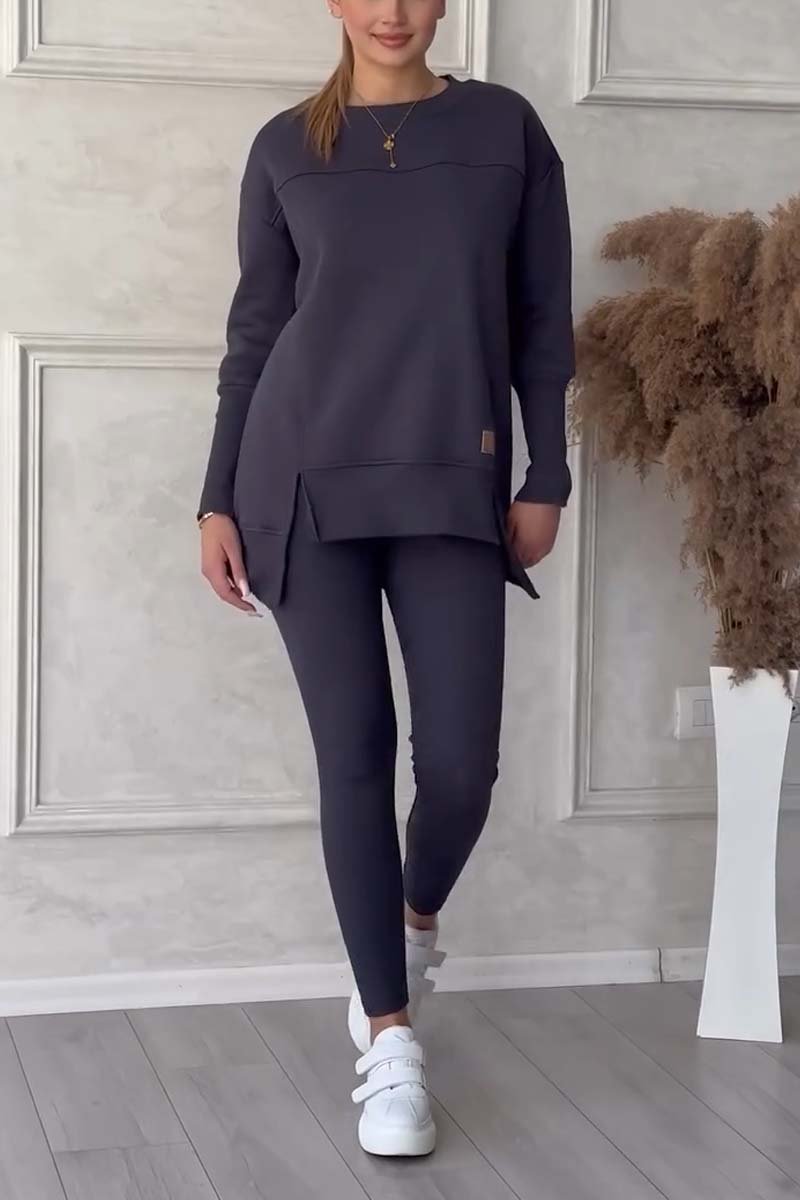 Solid Color Long Sleeve Slit Hem Sweatshirt Leggings Set