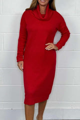 Women's Knit Solid Color High Neck Midi Dress