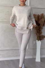Solid Color Long Sleeve Slit Hem Sweatshirt Leggings Set