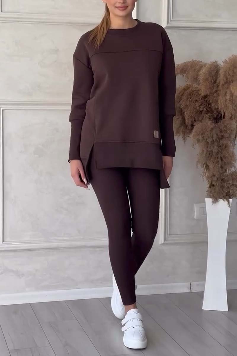 Solid Color Long Sleeve Slit Hem Sweatshirt Leggings Set