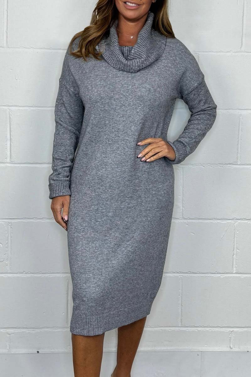 Women's Knit Solid Color High Neck Midi Dress