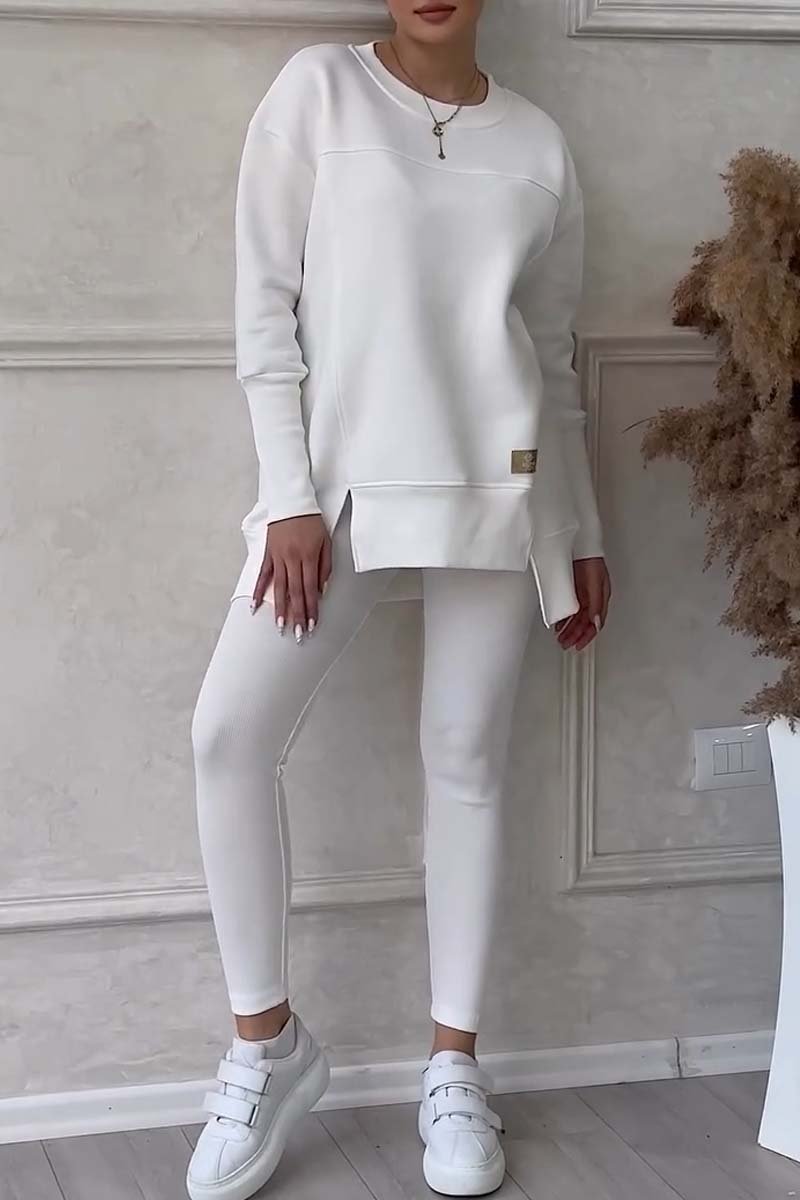 Solid Color Long Sleeve Slit Hem Sweatshirt Leggings Set