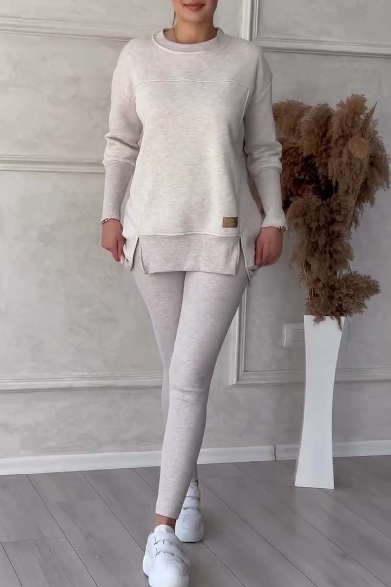 Solid Color Long Sleeve Slit Hem Sweatshirt Leggings Set