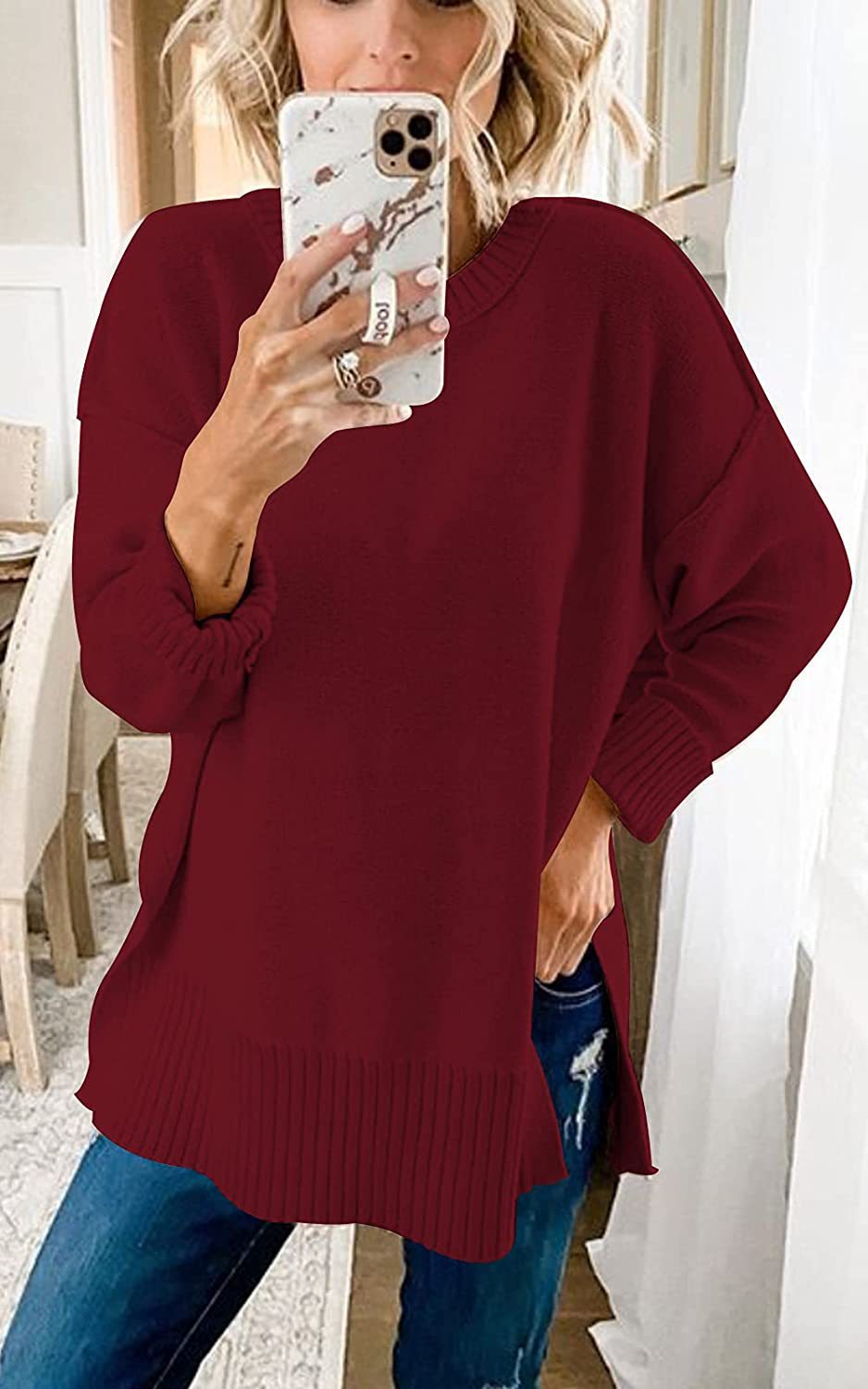 Women's Casual Crew Neck Side Split Pullover Sweater