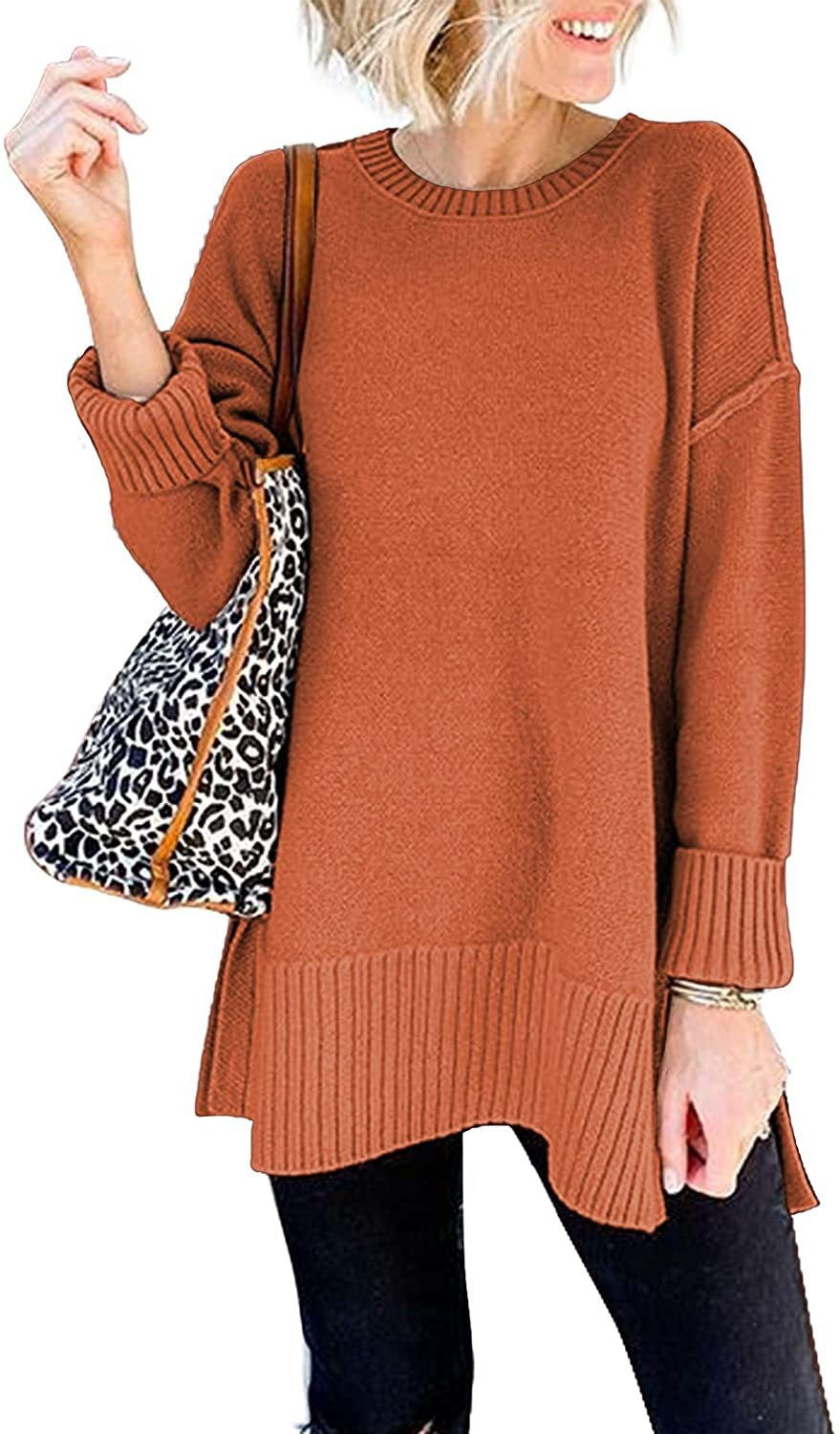 Women's Casual Crew Neck Side Split Pullover Sweater